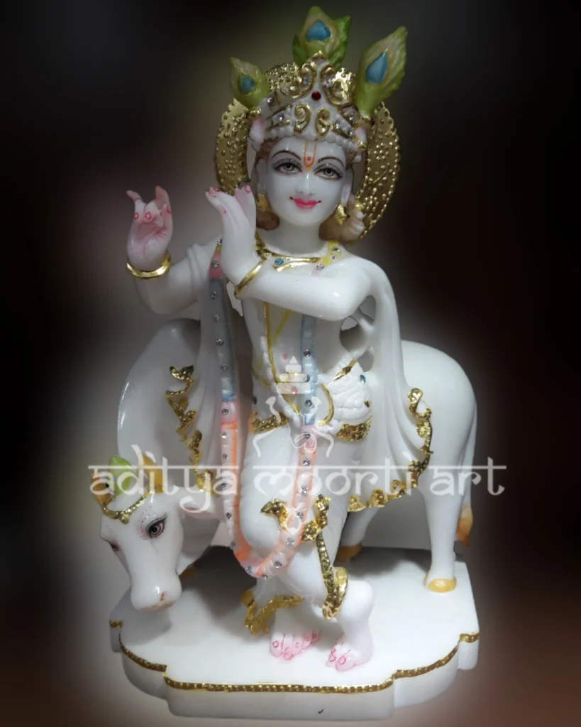krishna with cow marble statue